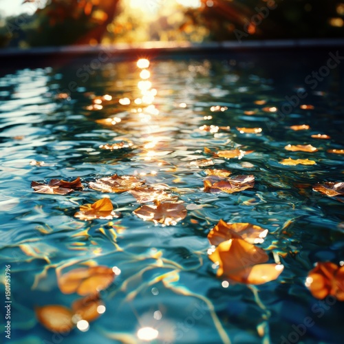 Floating autumn leaves on tranquil pool water nature scene evening light serene environment