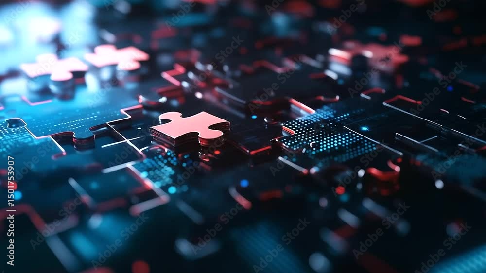 A complex array of interlocking puzzle pieces, each symbolizing different APIs, forming a cohesive digital network over a futuristic holographic grid.
