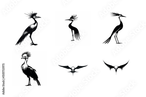 Six black and white stylized bird illustrations