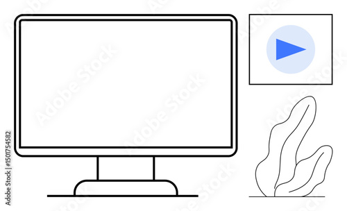 Desktop monitor alongside a play button icon and abstract plant shape symbolizes digital media, online learning, technology, creativity, minimalist design, multimedia, and simple landing page