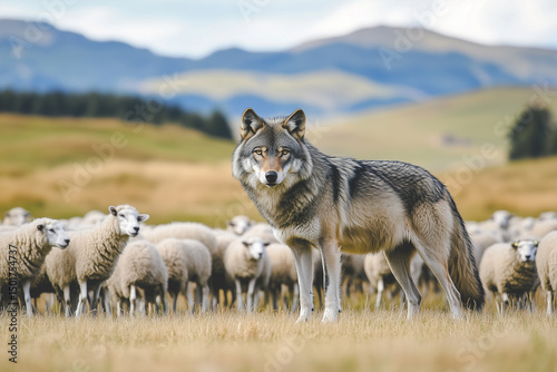 Wolf watching flock of grazing sheep, concept of predator and prey in pastoral landscape