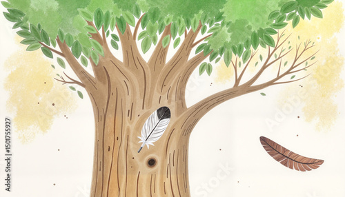 Illustration of a tree with feathers and leaves