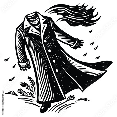 Person Jumping with Windblown Coat Dynamic Action Pose Illustration
