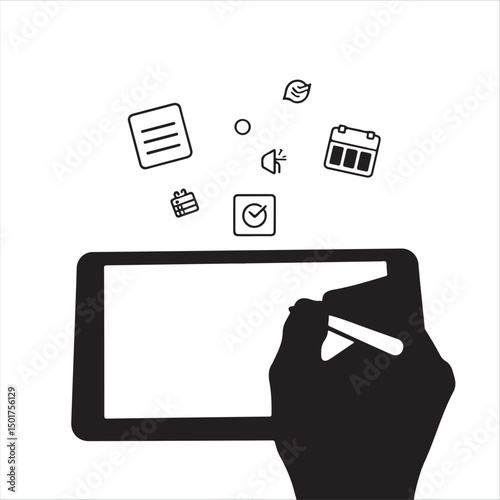 Minimalist flat vector silhouette of a hand writing on a tablet, surrounded by floating planner icons to-do list, calendar, habit tracker, in clean flat design, soft pastel background, black and white
