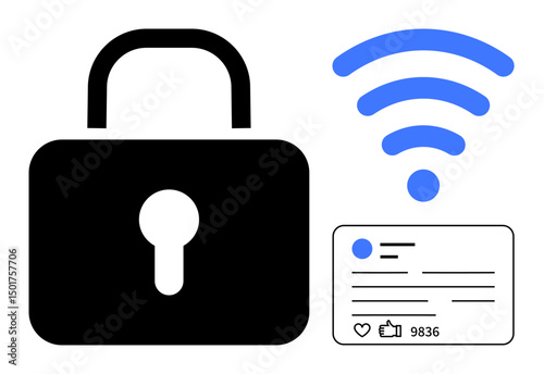 Padlock with wireless signal and social profile icons represent online security, privacy, safe social media use, internet protection, cybersecurity awareness. Ideal for tech education, privacy