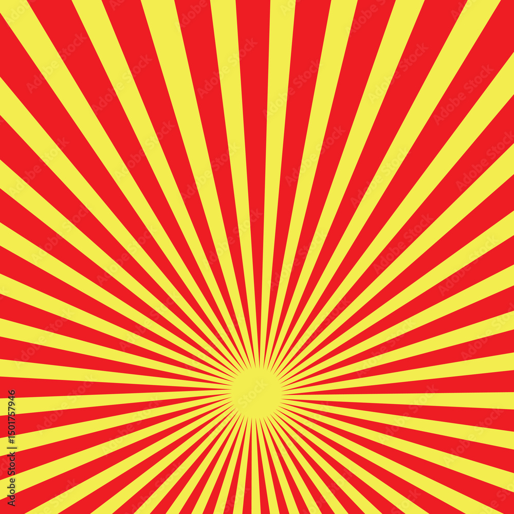 Obraz premium Yellow and red banner with Sun rays, yellow comic background. Sunburst background