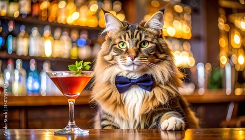 Dressed cat at bar with drink, background of bottles and blurred lights
