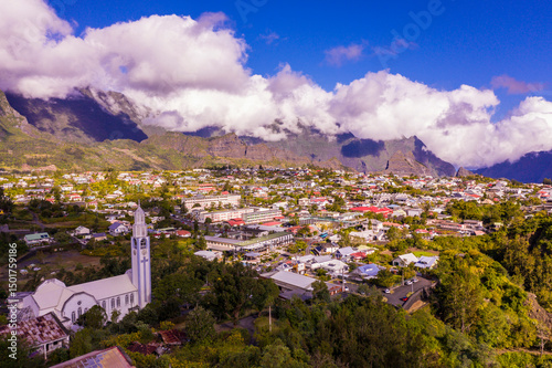 Aerial view of Cilaos, Cirque de Cilaos, Reunion Island, an overseas department of France. photo