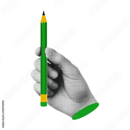 Halftone Hand Gesture Retro Vector Holding Green Pencil Creativity Writing Artistic Expression Business Learning Education