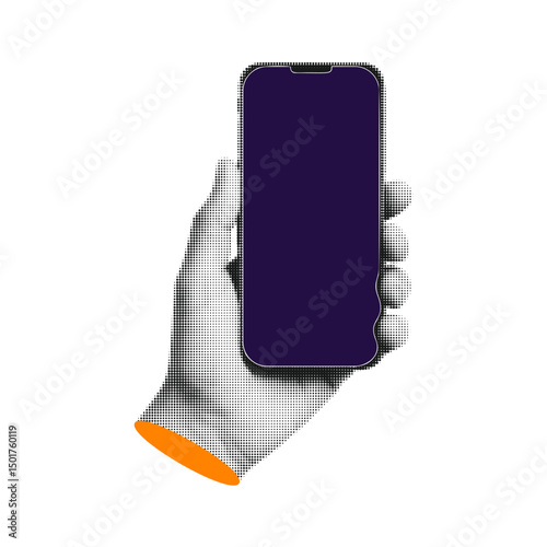 Halftone Hand Gesture Retro Vector Holding Modern Smartphone With Blank Display Digital Mobile Communication Technology Concept