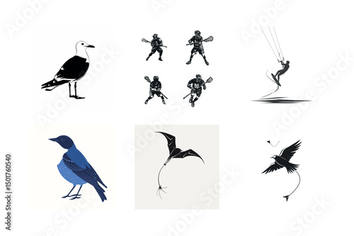 Silhouette illustrations of birds and sports