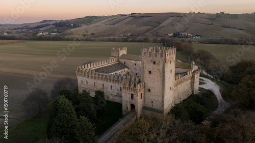 Aerial view of Castello della Rancia, Marche, Macerata, Italy.