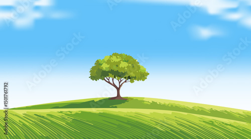 背景_丘の上の1本の木と青空の風景_1