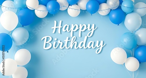 Happy Birthday Text Surrounded by Blue and White Balloons on Light Blue Background
