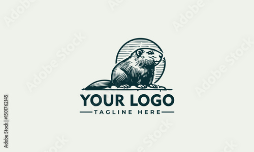 Beaver emblem illustration, detailed sketch style of beaver near water in circular badge design
