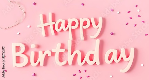 Happy Birthday Text with Pink Background, Stars, and Confetti Decoration, Birthday Party