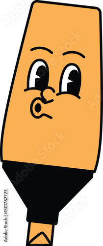 Cute Funny Highlighter Pen Retro Mascot, School Groovy Cartoon Character Vector,