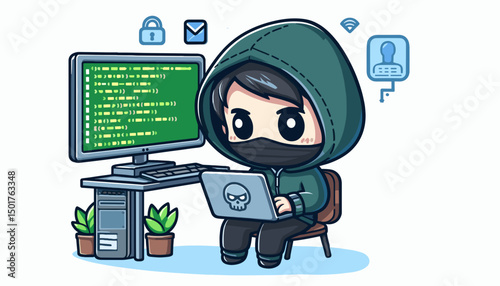 Chibi ethical hacker with hoodie, computer, and green code stream in vector miniature