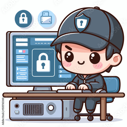 Chibi cybersecurity expert at computer with locks, firewall and code symbols, vector miniature illustration