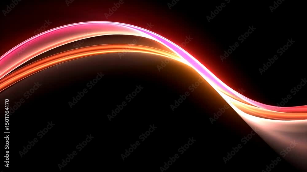 An abstract artwork featuring flowing, curved lines of pink and orange light against a stark, black background, creating dynamic contrast