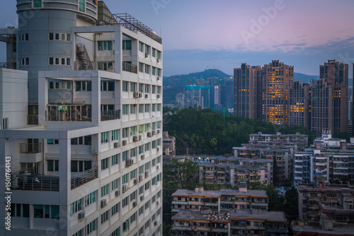 Aerial view of Shenzhen skyline with tall buildings at night, Guangdong Province, southeastern China.