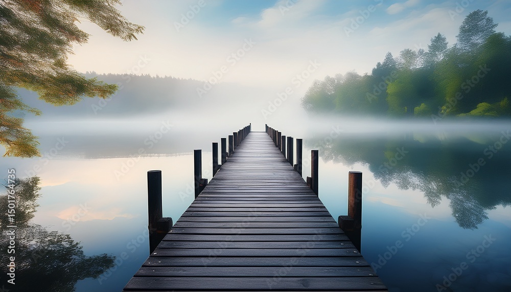Naklejka premium Ruhiger Steg am See im Morgennebel
