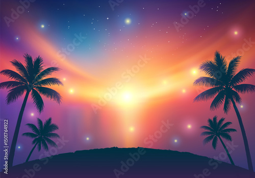 Vector Colorful Sunset Background with Palm Tree Silhouettes and Glowing Tropical Sky