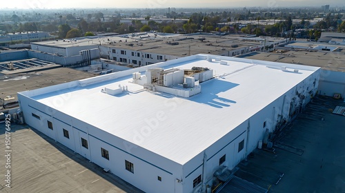 Seamless white pvc commercial flat roof of factory, summer day, aerial high view