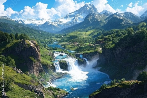 Majestic waterfalls flowing through lush green valley in a mountainous landscape nature photography daylight scenic view