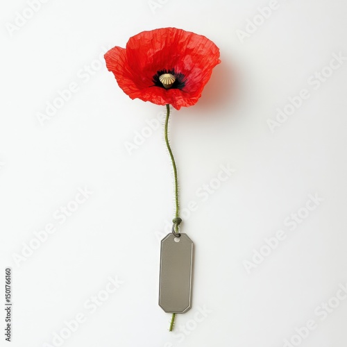 Single Red Poppy Flower with Paper Tag – Memorial Symbol
