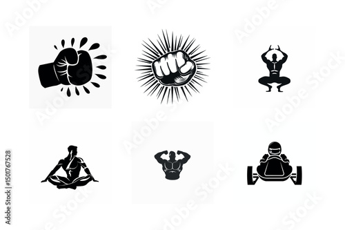 Six strong silhouettes fitness boxing and racing icons