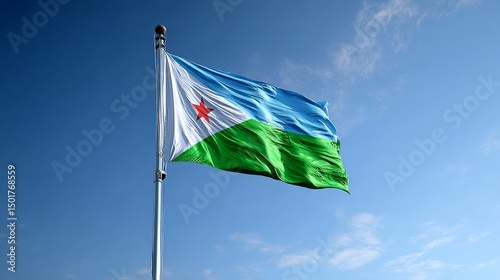 The flag of Djibouti flutters in the breeze against a clear blue sky, highlighting the country's unique colors and star emblem. photo
