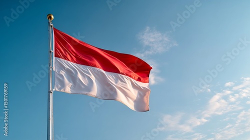 The bright flag of Indonesia, Monaco displays its red and white colors, fluttering majestically against a serene blue sky filled with white clouds.