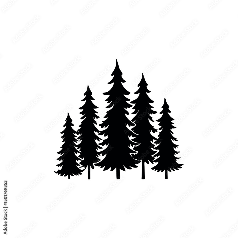Obraz premium Silhouette of five pine trees isolated on white background