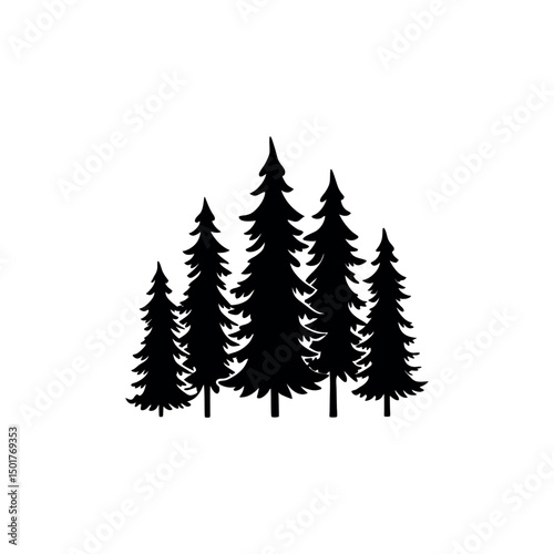 Silhouette of five pine trees isolated on white background