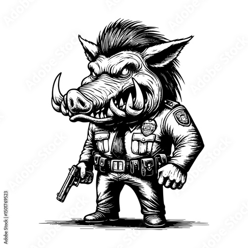 Boar wear police uniform sketch engraving black and white outline. Scratch board imitation.  illustrated in vintage line art style on a white background.