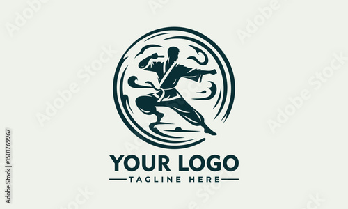 Karate martial artist performing high kick in dynamic pose inside circular emblem. Sports concept

