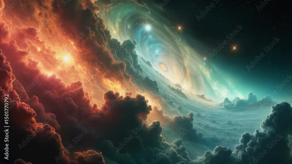 Explore an enchanting cosmic landscape filled with vibrant colors from a nebula and swirling galaxies. This breathtaking view showcases the beauty of deep space and celestial phenomena