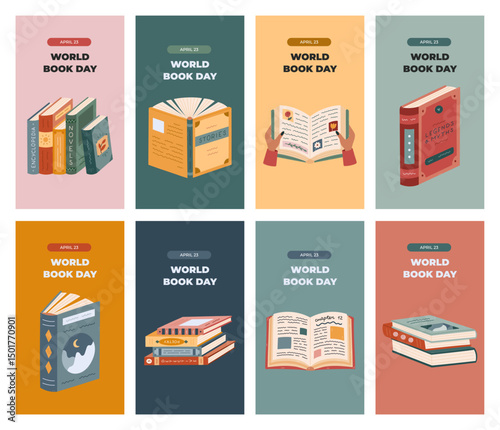 Big set of vertical of stories for World Book Day with colorful library clipart. Greeting concept banner with books of different genres, picturesque covers, stack for social media, business, branding.
