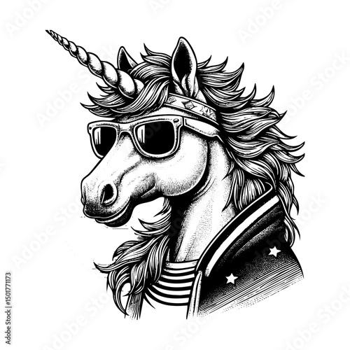 Unicorn wear sunglasses sketch engraving black and white outline. Scratch board imitation.  illustrated in vintage line art style on a white background.