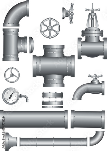 Vector illustration of industrial piping elements including valves and pressure gauge details