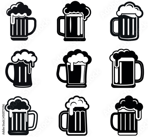 Black Beer Mug Silhouettes Bundle – Foam Beer Glass Vector Icons Set