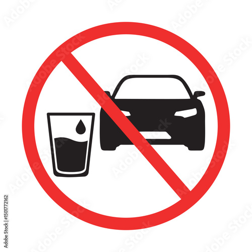 No drinking and driving symbol, prohibition sign with crossed out car and glass, isolated on white background