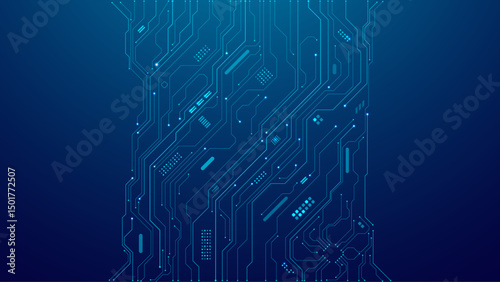 High-tech digital background with an abstract blue design, circuit board details, and AI chip elements. Concept of innovation in modern technologies. Ideal for use in tech presentations and web design