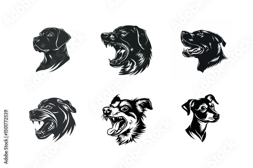 Six dog breed head illustrations black and white