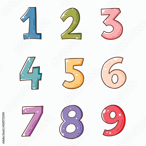 Vector colorful 0-9 numbers doodle cartoon. hand drawn 0-9 math numbers for kid and children. Cute number scribble asset, graphic element