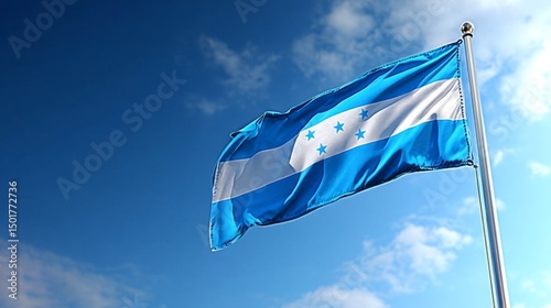 Realistic depiction of the flag of Honduras waving proudly against a clear blue sky