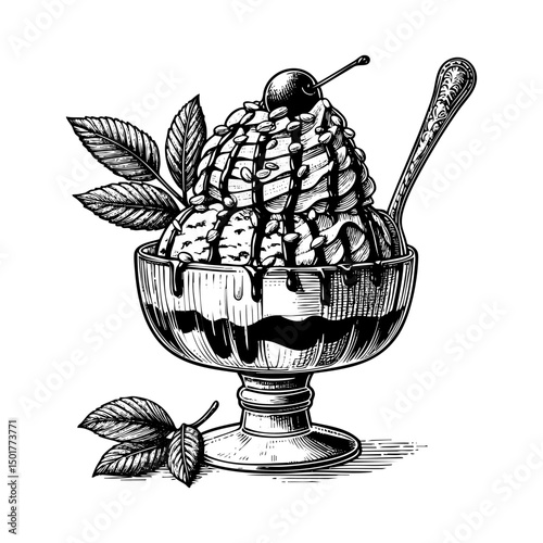 Ice cream sketch engraving black and white outline. Scratch board imitation.  illustrated in vintage line art style on a white background.