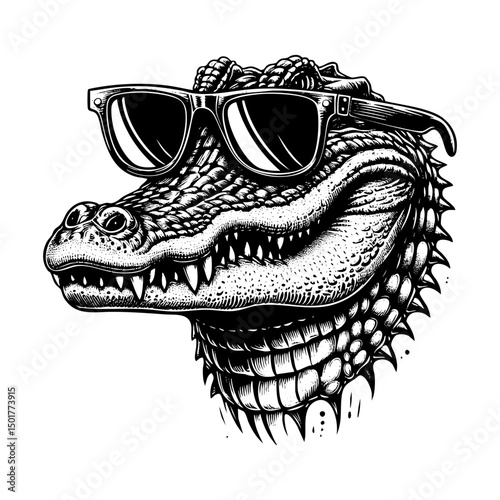 Crocodile wears sunglasses sketch engraving black and white outline. Scratch board imitation. illustrated in vintage line art style on a white background.