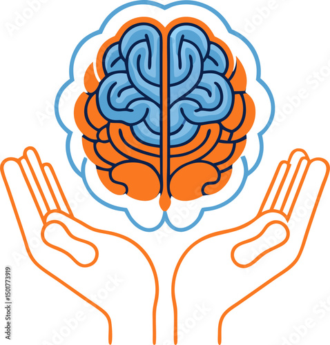 Conceptual illustration of a human brain held gently in open hands for mental health awareness